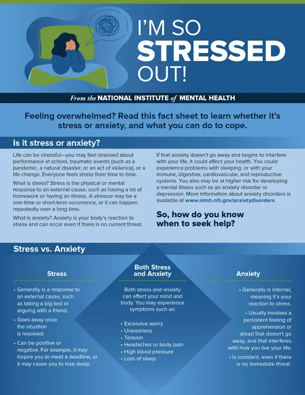 Stress and Anxiety graphic from the National Institute of Mental Health explaining signs, differences, and when to seek help