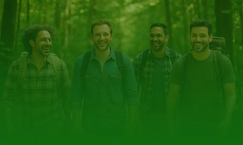 Group of men hiking together in the woods to support connection and mental wellness