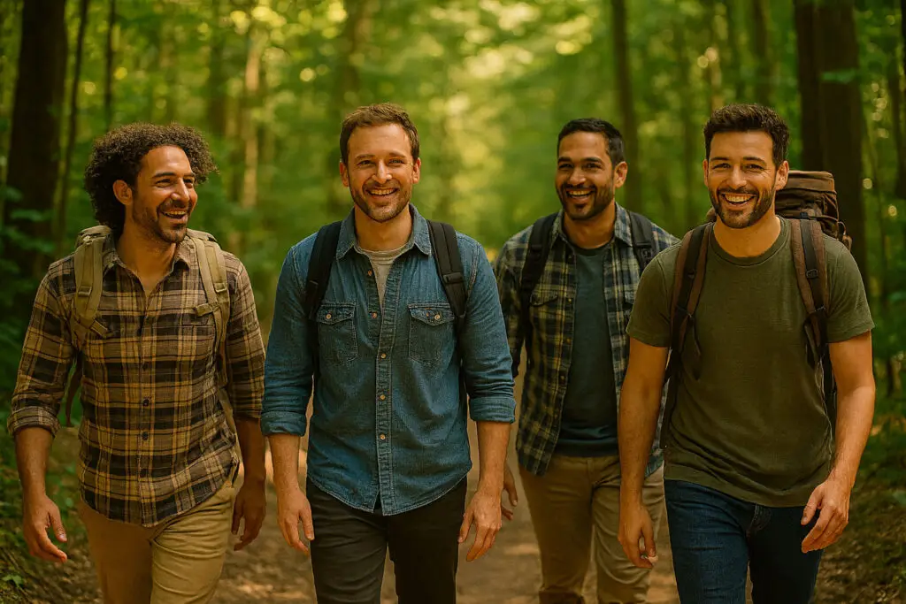 Four men hiking together on a wooded trail while building friendship, connection, and mental well-being