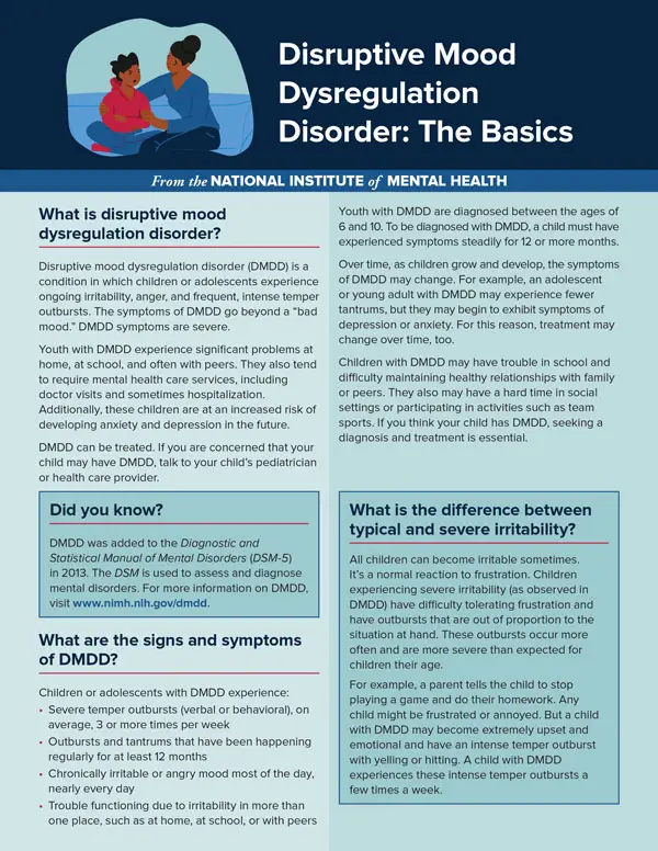 Disruptive Mood Dysregulation Disorder graphic explaining DMDD as part of children’s mental health education and awareness