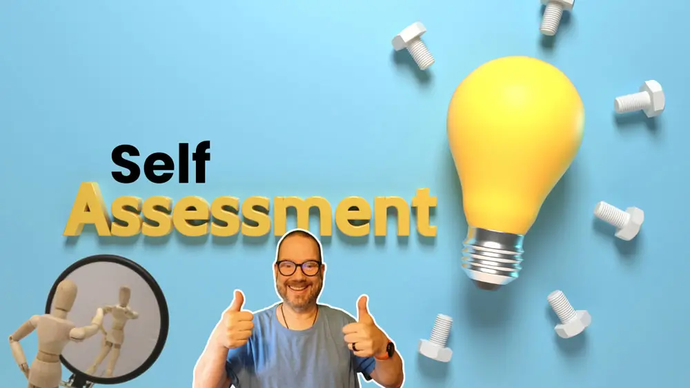 Self-assessment graphic with a light bulb, reflection image, and person giving thumbs up for mental health check-ins