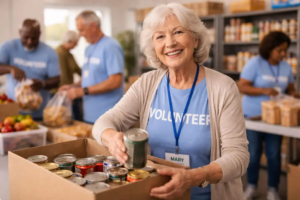 Seniors volunteering together to support community connection, purpose, and mental well-being