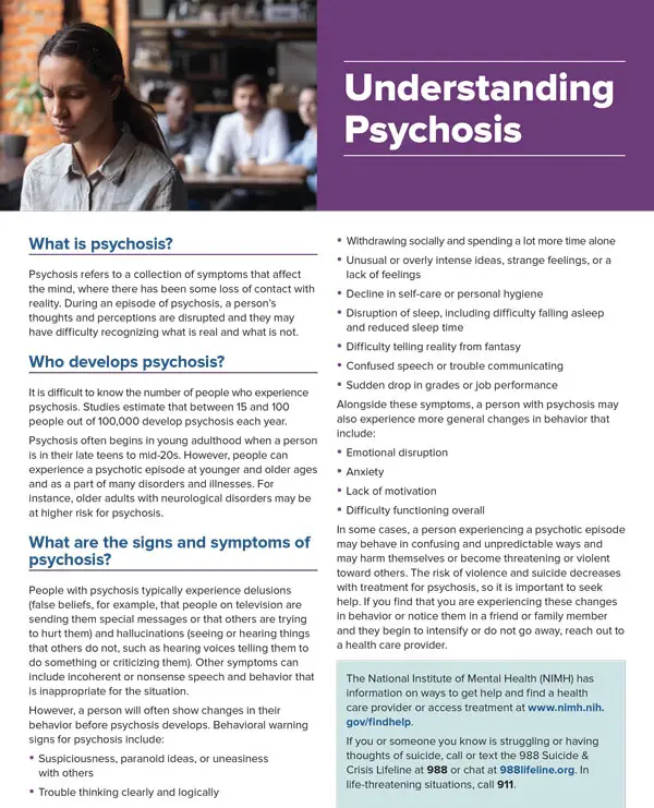 Understanding Psychosis graphic explaining symptoms, early warning signs, treatment, and support for mental health education
