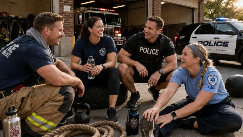 First responders talking together outdoors while building peer connection, trust, and mental health support