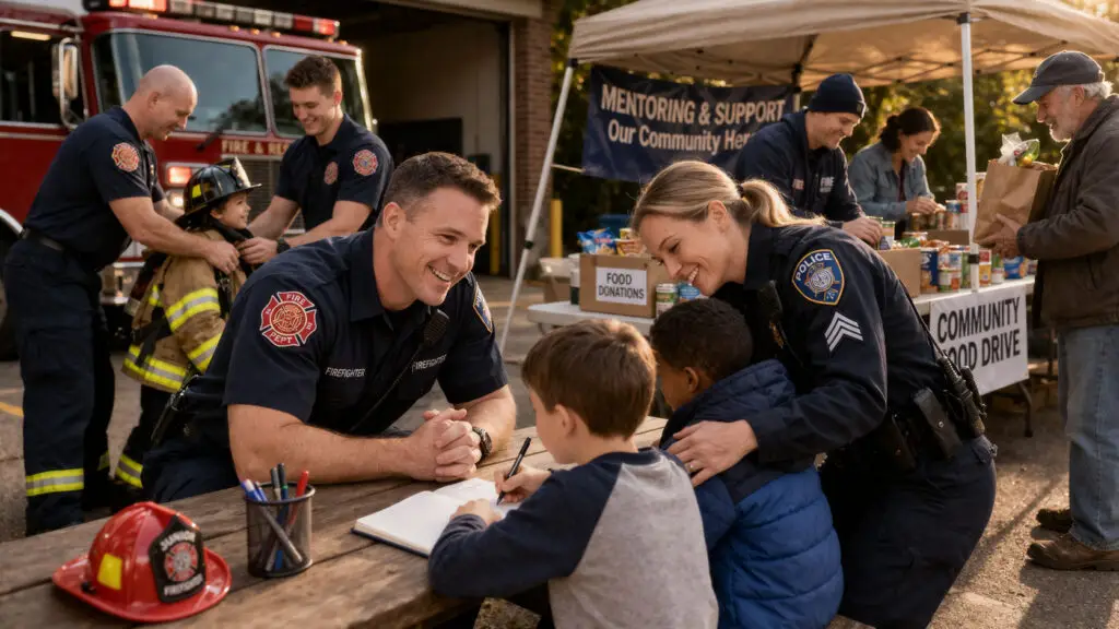 Firefighters and police officers helping children and community members during a local food drive