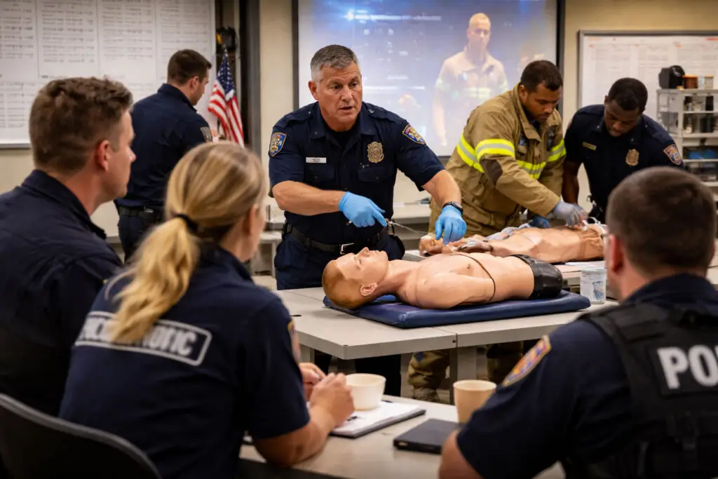 Police officers and firefighters practicing emergency response skills with training mannequins in a classroom
