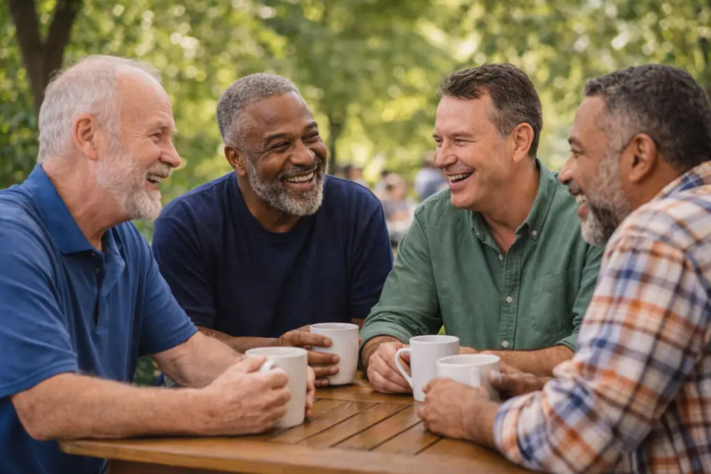 Men spending time together outdoors while building friendship, connection, and mental health support