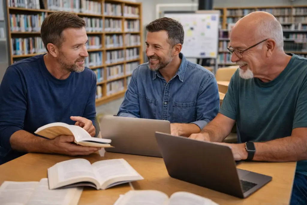 Men learning together in a supportive setting to build confidence, purpose, and mental well-being