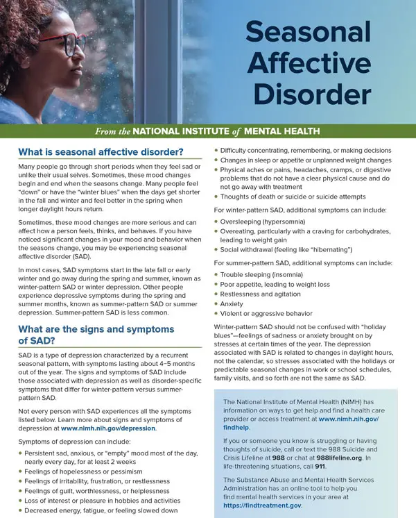 Seasonal Affective Disorder graphic from the National Institute of Mental Health explaining SAD symptoms, risk patterns, and support