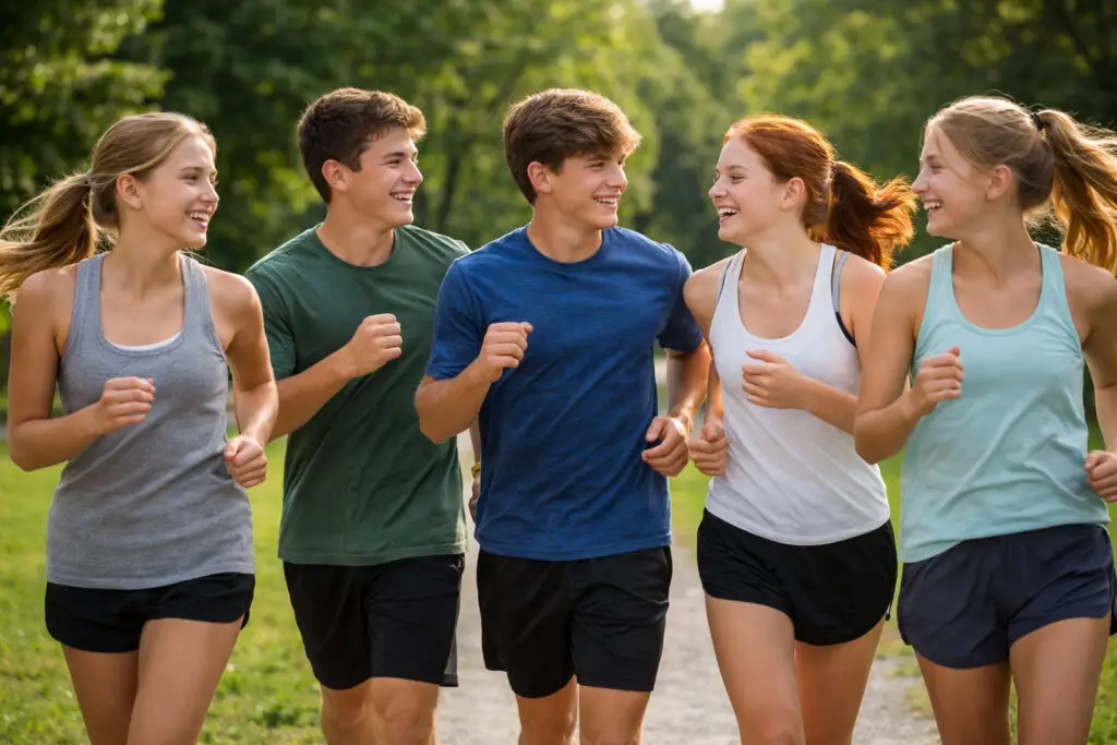 Teens jogging together outdoors while building friendship, physical activity, and mental well-being