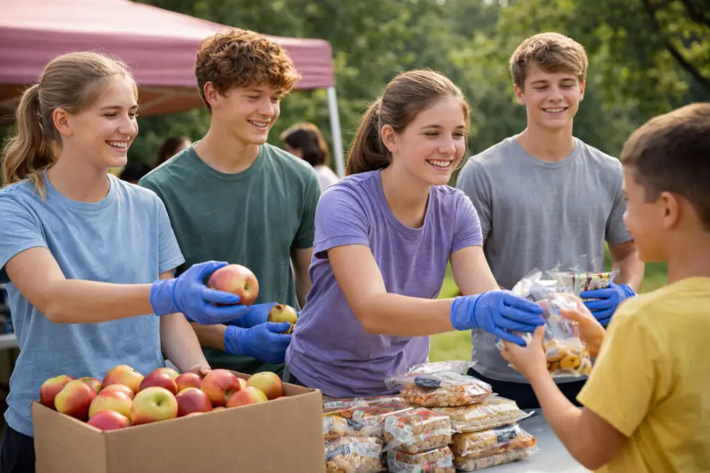 Teens volunteering at an outdoor food table while giving apples and snacks to support their community