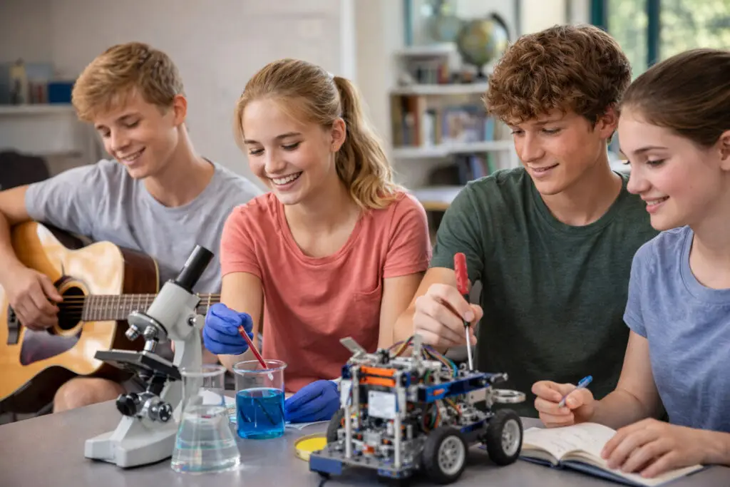 Teens learning together with music, science, robotics, and writing activities to support curiosity and mental well-being