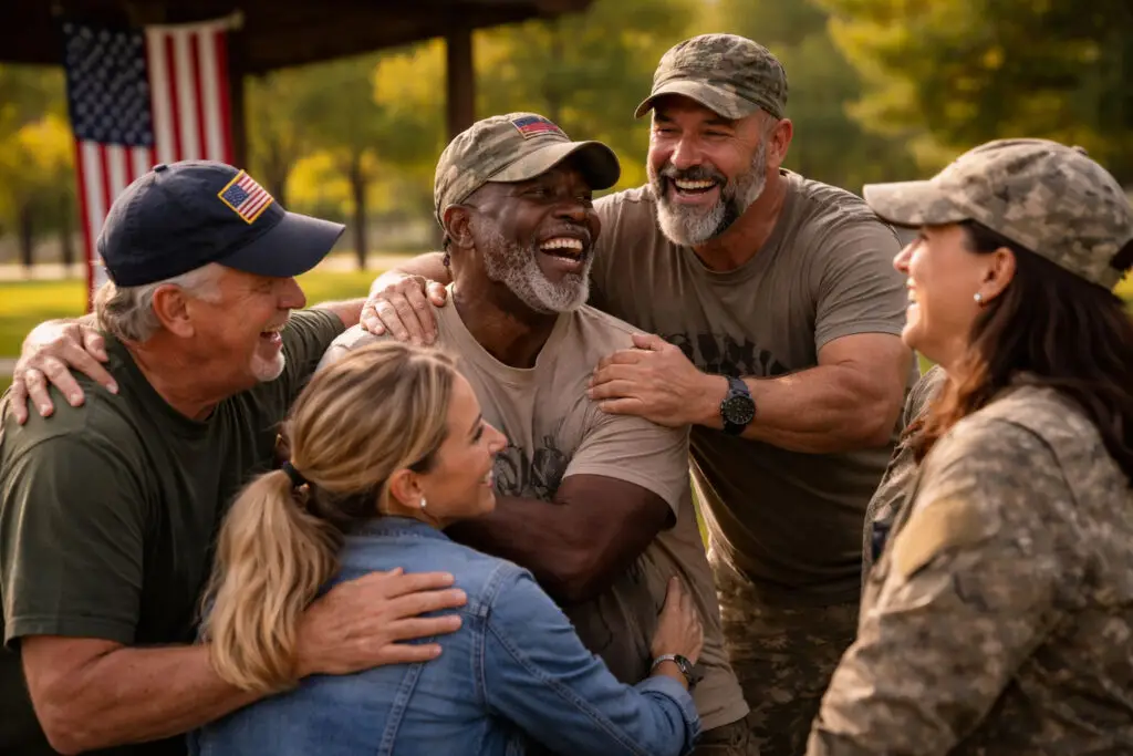 Group of veterans laughing together outdoors while building friendship, peer support, and community connection