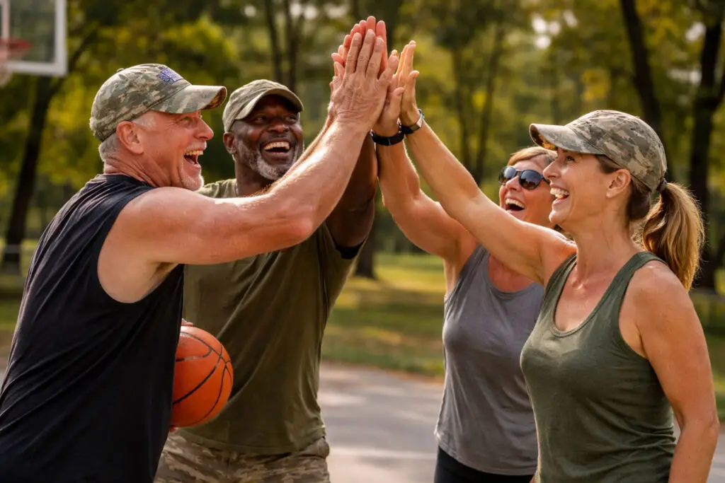 Veterans high-fiving during an outdoor basketball game to support physical activity, teamwork, and mental well-being