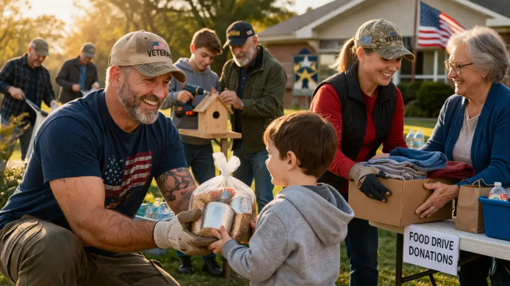 Veterans helping children and community members at an outdoor food drive donation table