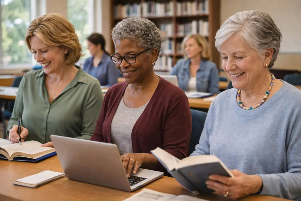 Women learning together in a supportive setting to build confidence, curiosity, purpose, and mental well-being