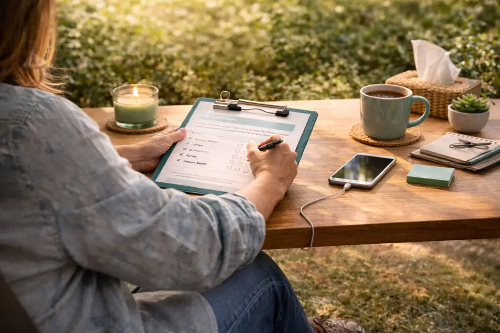 Person sitting quietly outdoors during a peaceful moment of self-reflection and emotional well-being
