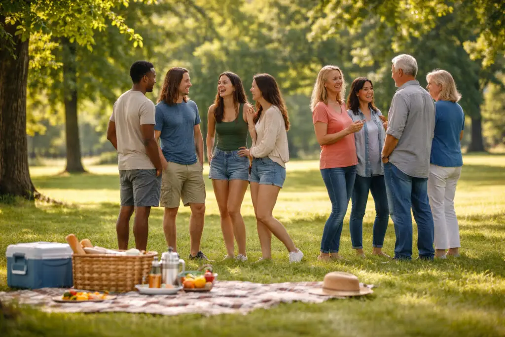 Friends gathering in a sunny park to share conversation, connection, and outdoor experiences