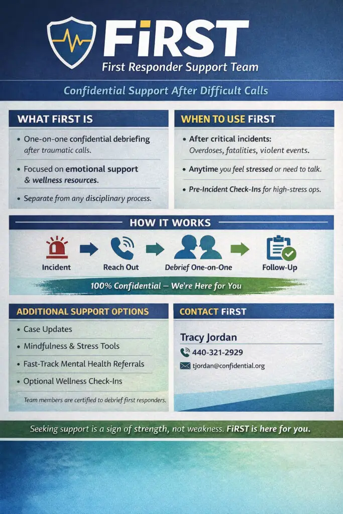 FiRST Geauga First Responder Support Team flyer describing confidential support after difficult calls