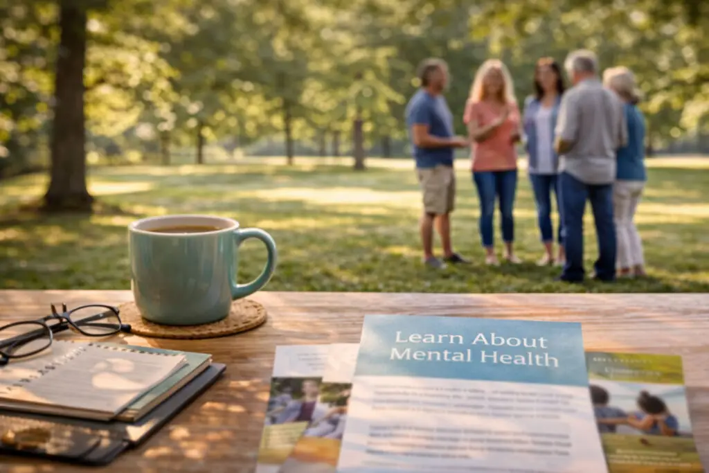 Mental health brochures, coffee, and a notebook on a picnic table with adults talking in the park