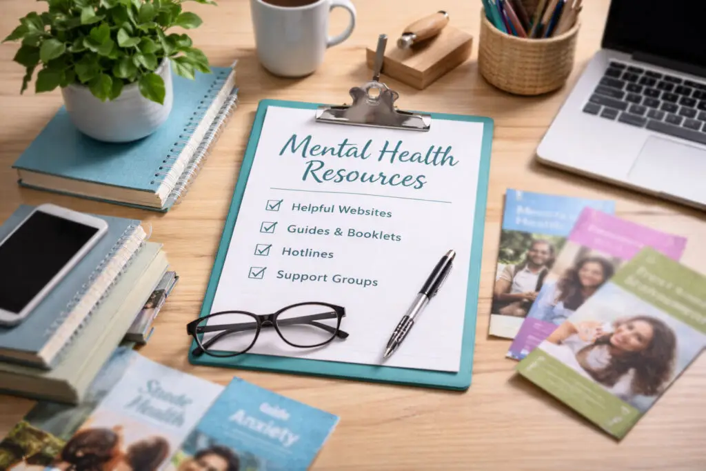 Mental health resources checklist on a desk with brochures, notebooks, a laptop, glasses, and a mug