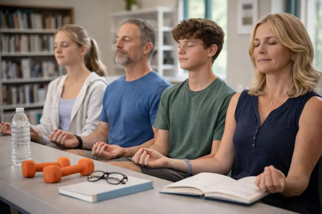 People practicing mindfulness together in a community space to support relaxation, focus, and mental well-being