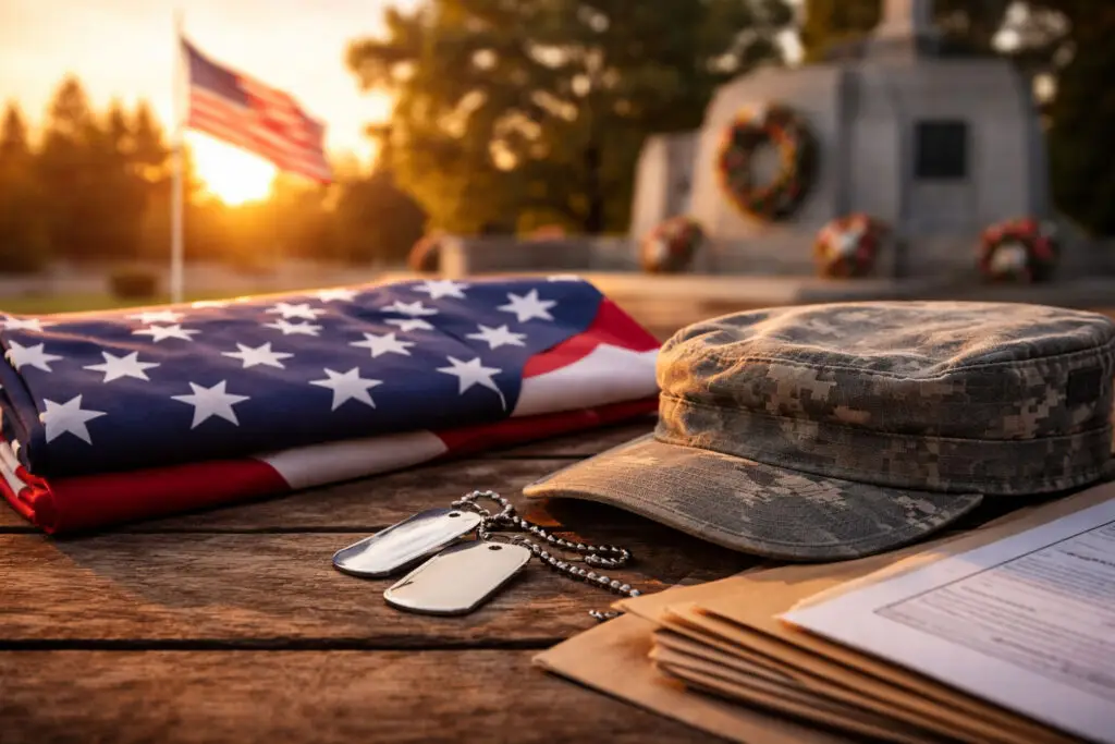 Folded American flag, military cap, dog tags, and paperwork representing veteran resources and support services