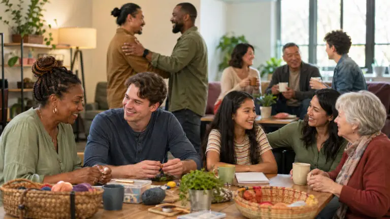 Multigenerational group sharing conversation and activities together to build connection, belonging, and mental well-being