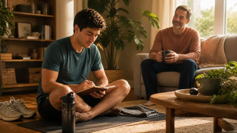 Young man journaling after exercise while another adult offers calm support at home
